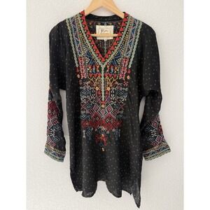 Johnny Was Biya Embroidered Silk Tunic Small Black Multicolor Boho